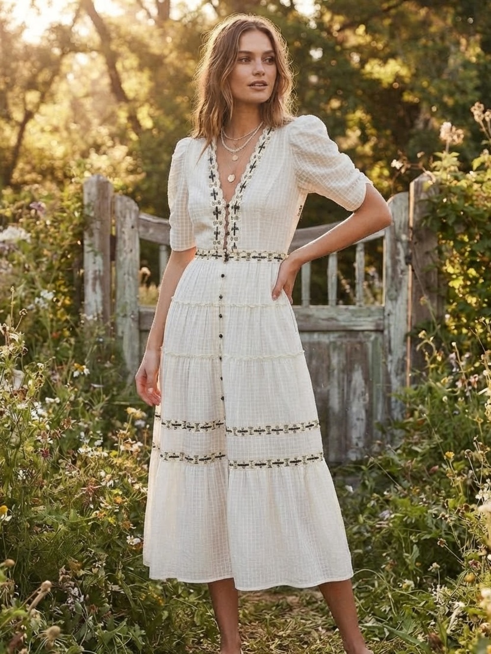 Rahi x Anthropologie White Eyelet Button Front Midi Dress w/ slip, size Small